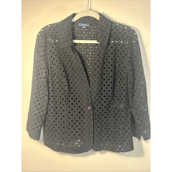 Nautica Cotton Blouse/Jacket 3/4 Sleeves SIze 14 Black Eyelet One Button - Picture 1 of 10